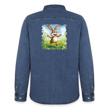 Cheerful bunny in spring meadow - Men’s Organic Denim Shirt by Stanley/Stella - mid washy  - Back - AI Model Male 185 light (185cm)