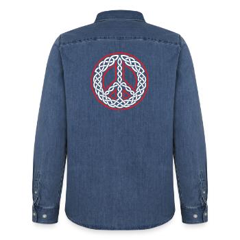Love and Peace Celtic Triskel in White Knots - Men’s Organic Denim Shirt by Stanley/Stella - mid washy  - Back - AI Model Male 185 light (185cm)