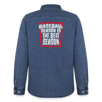 La saison de baseball est la meilleure saison des sports de fans - Chemise en denim homme bio Stanley/Stella - bleu moyen délavé  - Dos - AI Model Male 185 light (185cm)