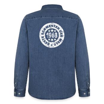 Retro Badge 1968 Circle Stamp - Men’s Organic Denim Shirt by Stanley/Stella - mid washy  - Back - AI Model Male 185 light (185cm)