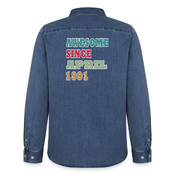 Retro April 1991 Anniversary - Men’s Organic Denim Shirt by Stanley/Stella - mid washy  - Back - AI Model Male 185 light (185cm)