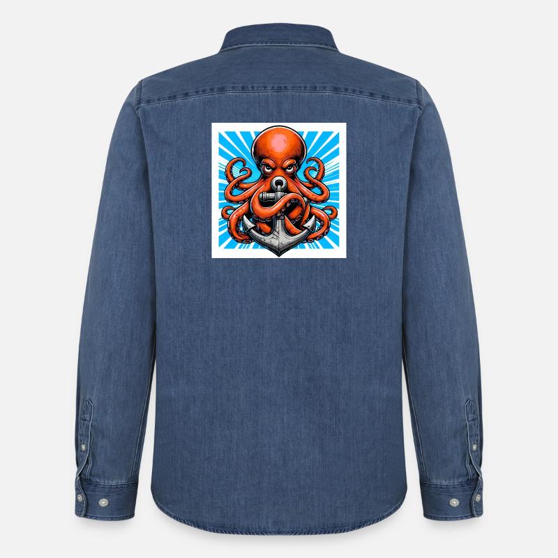 Oktopus umarmt einen Anker - Männer Jeanshemd Organic von Stanley/Stella - verwaschenes Mittelblau 