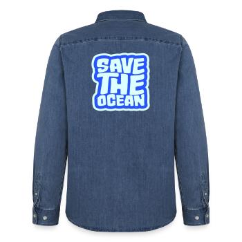Déclaration environnementale pour l’activisme Sauver l’océan - Chemise en denim homme bio Stanley/Stella - bleu moyen délavé  - Dos - AI Model Male 185 light (185cm)