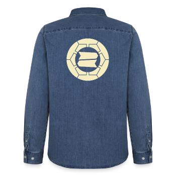 Vintage Oriental Pale Yellow Hattori Japan Kamon - Men’s Organic Denim Shirt by Stanley/Stella - mid washy  - Back - AI Model Male 185 light (185cm)