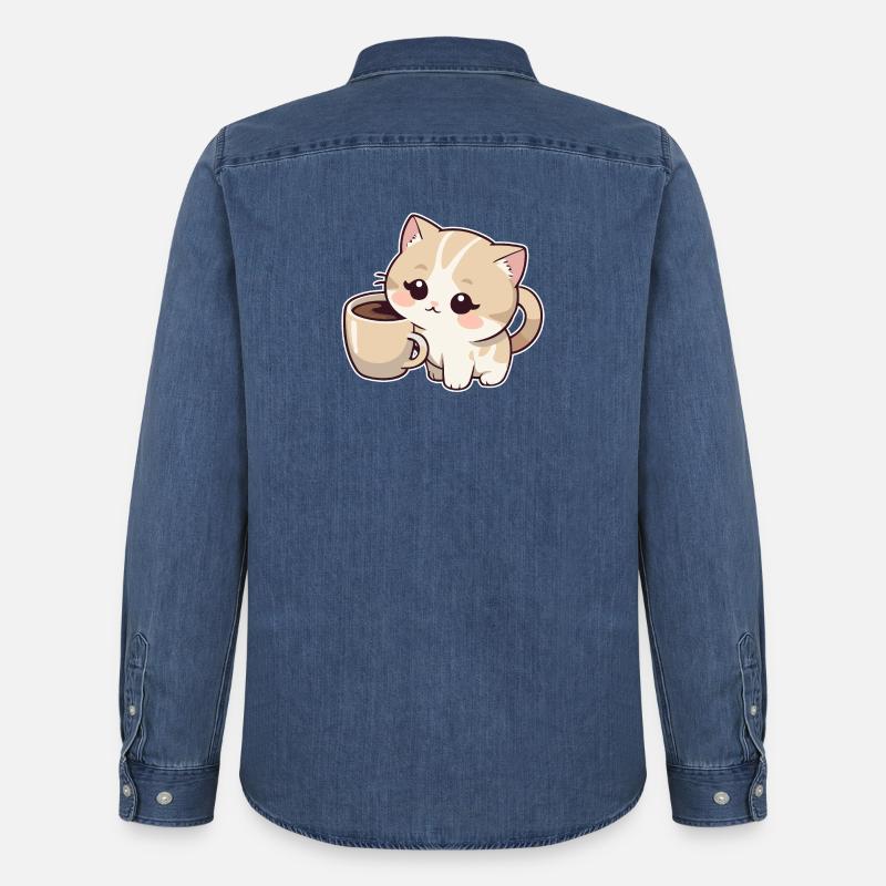 Kätzchen mit Kaffeetasse - Männer Jeanshemd Organic von Stanley/Stella - verwaschenes Mittelblau 