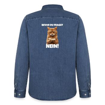 Katze Spruch Lustig Bevor Du Fragst NEIN Geschenk - Männer Jeanshemd Organic von Stanley/Stella - verwaschenes Mittelblau  - Hinten - AI Model Male 185 light (185cm)