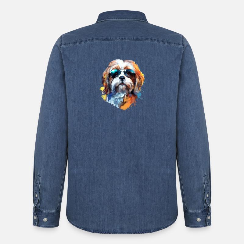 Lhasa Apso mit Sonnenbrille - Männer Jeanshemd Organic von Stanley/Stella - verwaschenes Mittelblau 