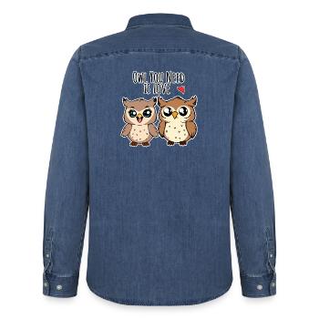 Cute Owl Lovers - Owl you need is LOVE - Men’s Organic Denim Shirt by Stanley/Stella - mid washy  - Back - AI Model Male 185 light (185cm)