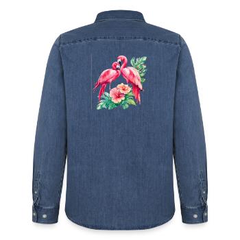 Flamingo Love Duet in the Tropical Forest - Men’s Organic Denim Shirt by Stanley/Stella - mid washy  - Back - AI Model Male 185 light (185cm)
