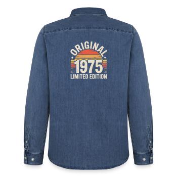 Original 1975 Edition Retro Sunset - Men’s Organic Denim Shirt by Stanley/Stella - mid washy  - Back - AI Model Male 185 light (185cm)