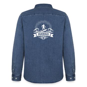 Hawaii Surfer Surfer sur Pacific Wave - Chemise en denim homme bio Stanley/Stella - bleu moyen délavé  - Dos - AI Model Male 185 light (185cm)