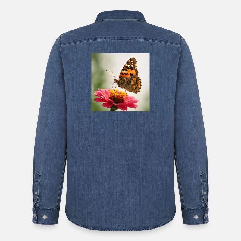 Schmetterling auf einer rosa Blume - Männer Jeanshemd Organic von Stanley/Stella - verwaschenes Mittelblau 