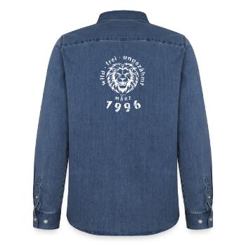30e anniversaire Sauvage, libre et indompté depuis 03/1996 - Chemise en denim homme bio Stanley/Stella - bleu moyen délavé  - Dos - AI Model Male 185 light (185cm)
