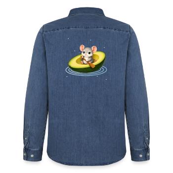 Cute Mouse in Avocado Kawaii Animal Motif - Men’s Organic Denim Shirt by Stanley/Stella - mid washy  - Back - AI Model Male 185 light (185cm)