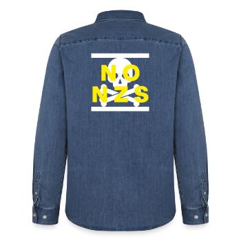 NO NZS, NEVER AGAIN, ANTI-FASCISM, NO AFD YELLOW - Men’s Organic Denim Shirt by Stanley/Stella - mid washy  - Back - AI Model Male 185 light (185cm)