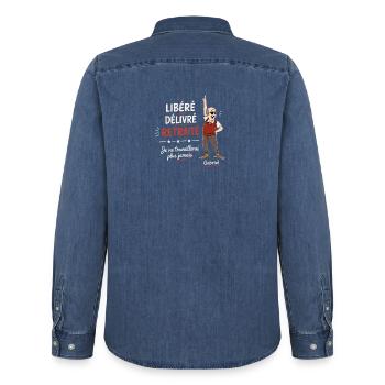 libéré délivré retraité - t-shirt humour retraite - Chemise en denim homme bio Stanley/Stella - bleu moyen délavé  - Dos - AI Model Male 185 light (185cm)