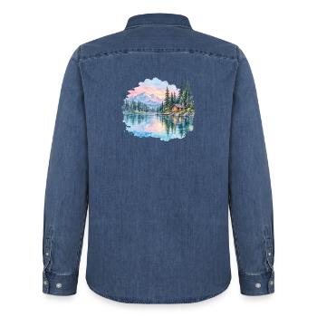 Winterhütte am See - Männer Jeanshemd Organic von Stanley/Stella - verwaschenes Mittelblau  - Hinten - AI Model Male 185 light (185cm)