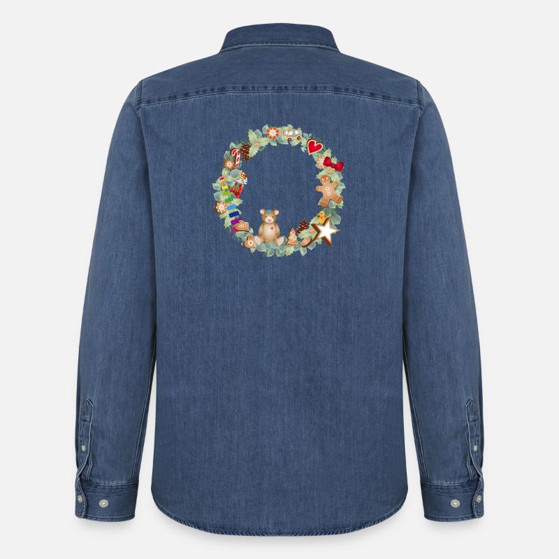 Bunter Weihnachtskranz mit Spielzeug und Lebkuchen - Männer Jeanshemd Organic von Stanley/Stella - verwaschenes Mittelblau 