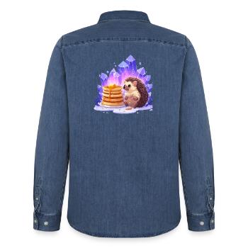 Hedgehog with pancakes and crystals - Men’s Organic Denim Shirt by Stanley/Stella - mid washy  - Back - AI Model Male 185 light (185cm)