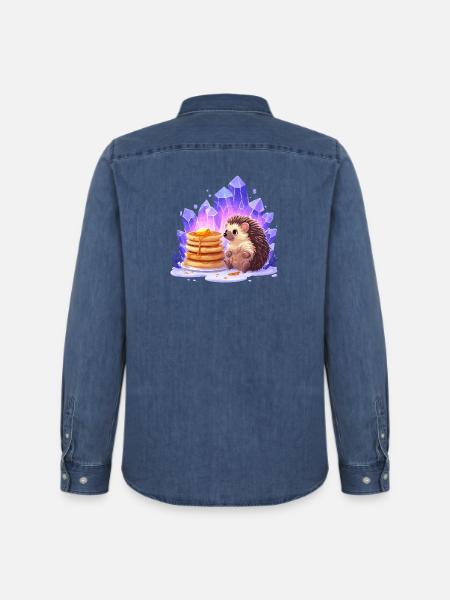 Hedgehog with pancakes and crystals - Men’s Organic Denim Shirt by Stanley/Stella - mid washy 