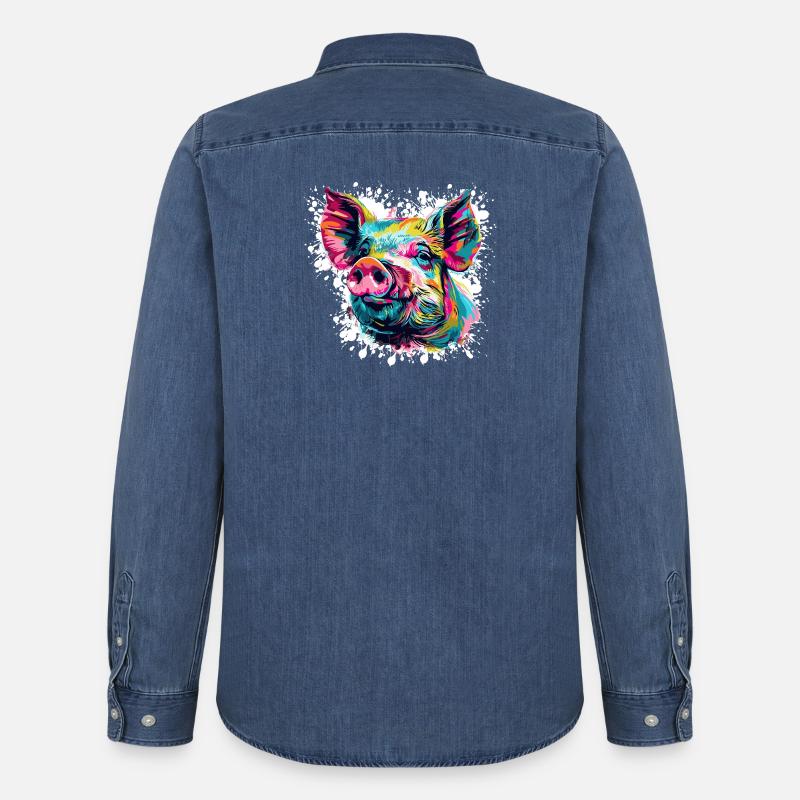 Pop-Art Schwein Kopf Farbexplosion - Männer Jeanshemd Organic von Stanley/Stella - verwaschenes Mittelblau