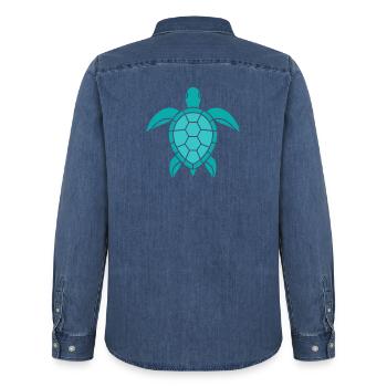 Turtle Pattern - Men’s Organic Denim Shirt by Stanley/Stella - mid washy  - Back - AI Model Male 185 light (185cm)