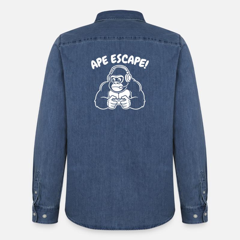 Affe-Gamer mit Headset Controller - Männer Jeanshemd Organic von Stanley/Stella - verwaschenes Mittelblau 