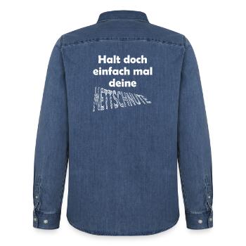 Lustiger Spruch Mund halten - Männer Jeanshemd Organic von Stanley/Stella - verwaschenes Mittelblau  - Hinten - AI Model Male 185 light (185cm)