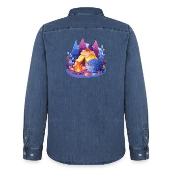 Hérisson endormi près du feu de camp - Chemise en denim homme bio Stanley/Stella - bleu moyen délavé  - Dos - AI Model Male 185 light (185cm)
