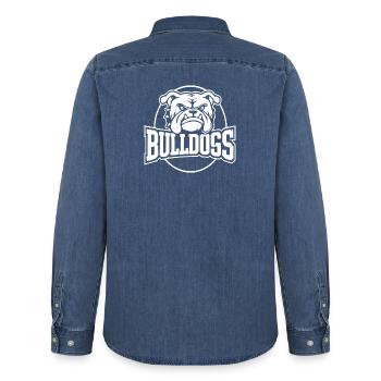 Bulldog Crest Bold Monochrome - Men’s Organic Denim Shirt by Stanley/Stella - mid washy  - Back - AI Model Male 185 light (185cm)