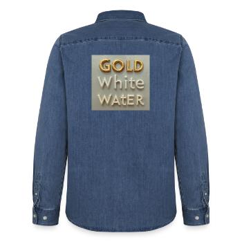 Golden White Water Typography - Men’s Organic Denim Shirt by Stanley/Stella - mid washy  - Back - AI Model Male 185 light (185cm)