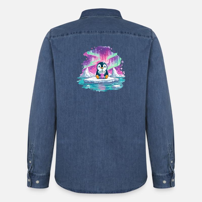 Pinguin auf Eis mit pinkem Drink - Männer Jeanshemd Organic von Stanley/Stella - verwaschenes Mittelblau