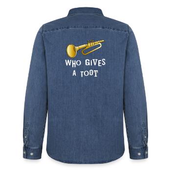 Trumpet Toot White Text - Men’s Organic Denim Shirt by Stanley/Stella - mid washy  - Back - AI Model Male 185 light (185cm)