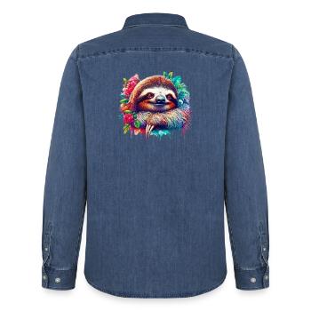 Sloth - Men’s Organic Denim Shirt by Stanley/Stella - mid washy  - Back - AI Model Male 185 light (185cm)