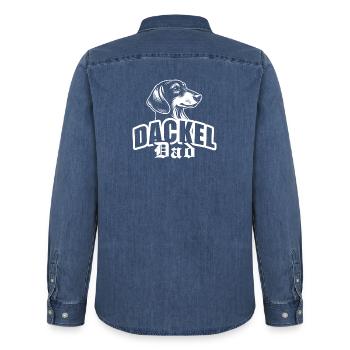 "Dachshund Dad" with dog head - Men’s Organic Denim Shirt by Stanley/Stella - mid washy  - Back - AI Model Male 185 light (185cm)