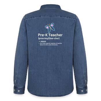 Définition du nom drôle pour enseignant de maternelle - Chemise en denim homme bio Stanley/Stella - bleu moyen délavé  - Dos - AI Model Male 185 light (185cm)