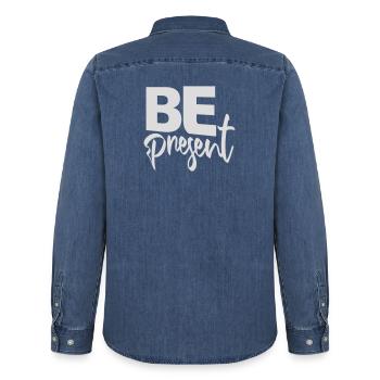 Be present at the moment here and now Quote Text - Men’s Organic Denim Shirt by Stanley/Stella - mid washy  - Back - AI Model Male 185 light (185cm)