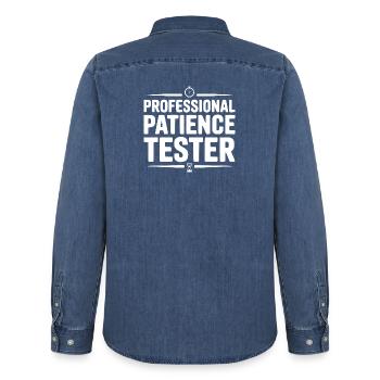 Professional Patience Tester - Men’s Organic Denim Shirt by Stanley/Stella - mid washy  - Back - AI Model Male 185 light (185cm)