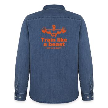 Train like a beast - look like a beauty - Men’s Organic Denim Shirt by Stanley/Stella - mid washy  - Back - AI Model Male 185 light (185cm)