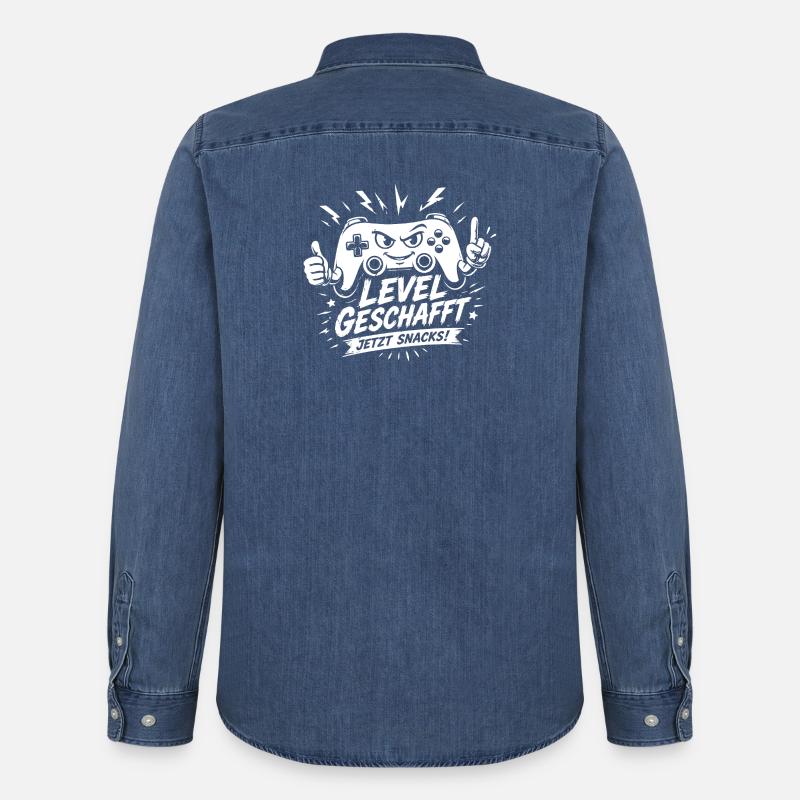 Level geschafft jetzt Snacks Zeit - Männer Jeanshemd Organic von Stanley/Stella - verwaschenes Mittelblau 