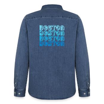 Boston Repeat Pattern Blue Gradient - Men’s Organic Denim Shirt by Stanley/Stella - mid washy  - Back - AI Model Male 185 light (185cm)
