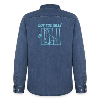 Bird in cage with the text Got Too Silly - Men’s Organic Denim Shirt by Stanley/Stella - mid washy  - Back - AI Model Male 185 light (185cm)