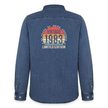 Retro 1983 Vintage Limited Edition 43rd Birthday - Men’s Organic Denim Shirt by Stanley/Stella - mid washy  - Back - AI Model Male 185 light (185cm)