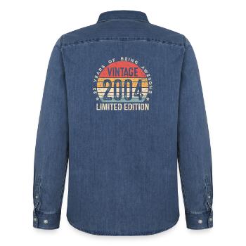 Vintage Est 2004 Limited Edition 22nd Birthday  - Men’s Organic Denim Shirt by Stanley/Stella - mid washy  - Back - AI Model Male 185 light (185cm)