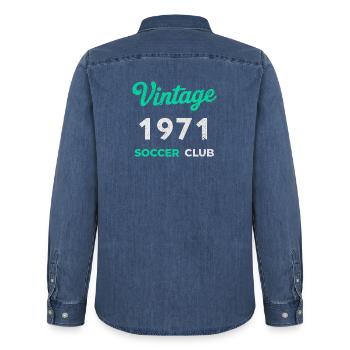 Vintage 1971 – Soccer Club Retro Birth Year - Men’s Organic Denim Shirt by Stanley/Stella - mid washy  - Back - AI Model Male 185 light (185cm)