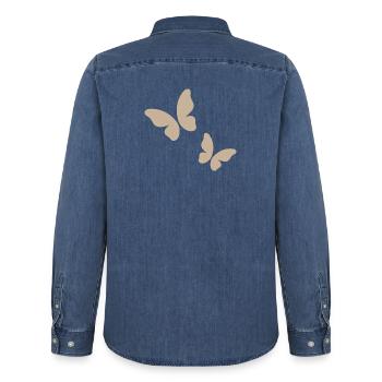 Beige Butterfly Pattern - Men’s Organic Denim Shirt by Stanley/Stella - mid washy  - Back - AI Model Male 185 light (185cm)