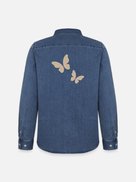 Beige Butterfly Pattern - Men’s Organic Denim Shirt by Stanley/Stella - mid washy
