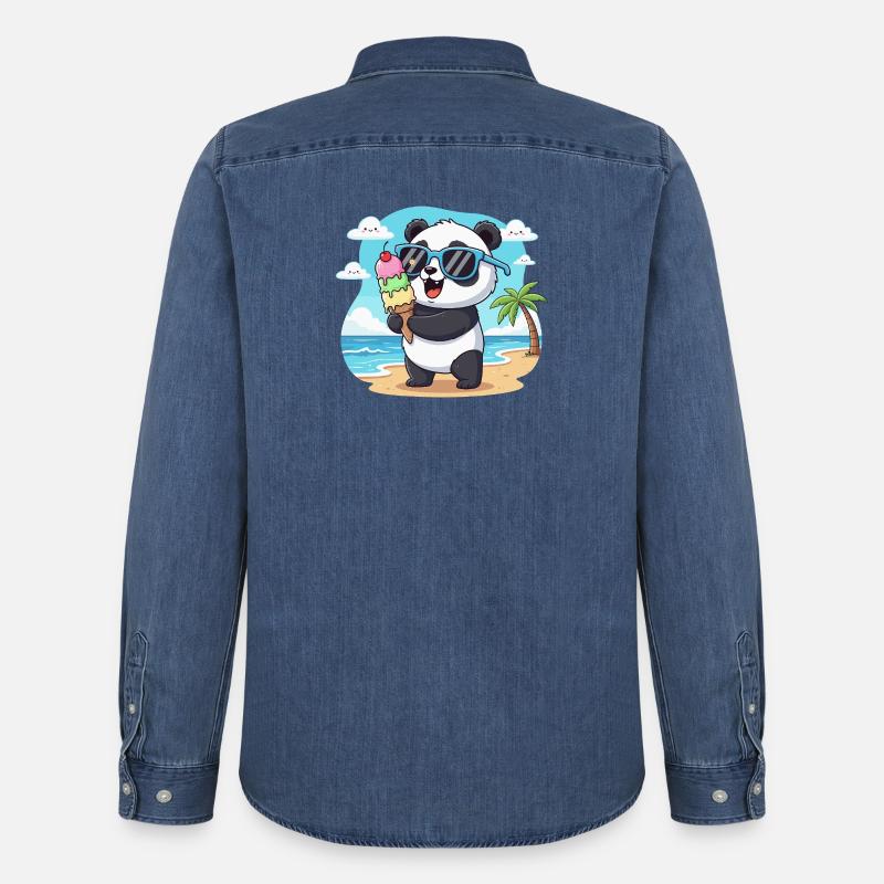 Panda am Strand mit Eiscreme - Männer Jeanshemd Organic von Stanley/Stella - verwaschenes Mittelblau 