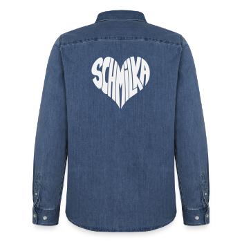 Schmilka, Ba Schandau Lettrage en forme de cœur - Chemise en denim homme bio Stanley/Stella - bleu moyen délavé  - Dos - AI Model Male 185 light (185cm)
