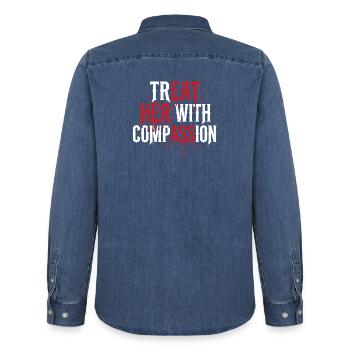 Treat Her With Compassion - Men’s Organic Denim Shirt by Stanley/Stella - mid washy  - Back - AI Model Male 185 light (185cm)